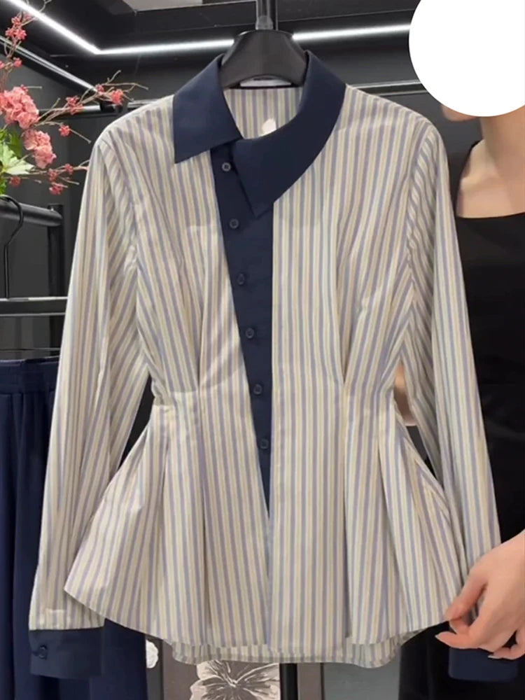 Temperament waist cinching slimming blue striped shirt spring 2025 new fat MM fashion contrasting long sleeved shirt
