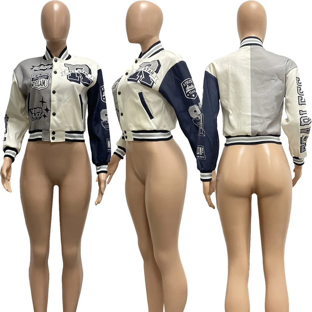 Winter Fall Jacket For Women Coat Trend O Neck Buttons Cropped Top Jacket Patchwork Baggy Blue Female Outerwear varsity jacket