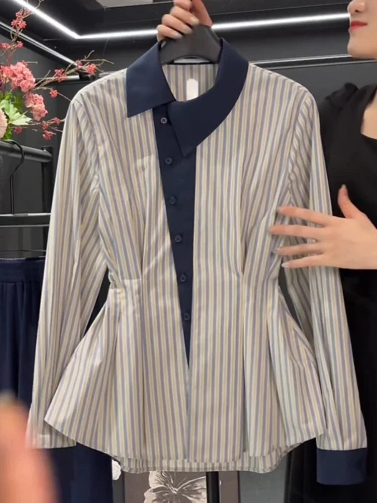 Temperament waist cinching slimming blue striped shirt spring 2025 new fat MM fashion contrasting long sleeved shirt