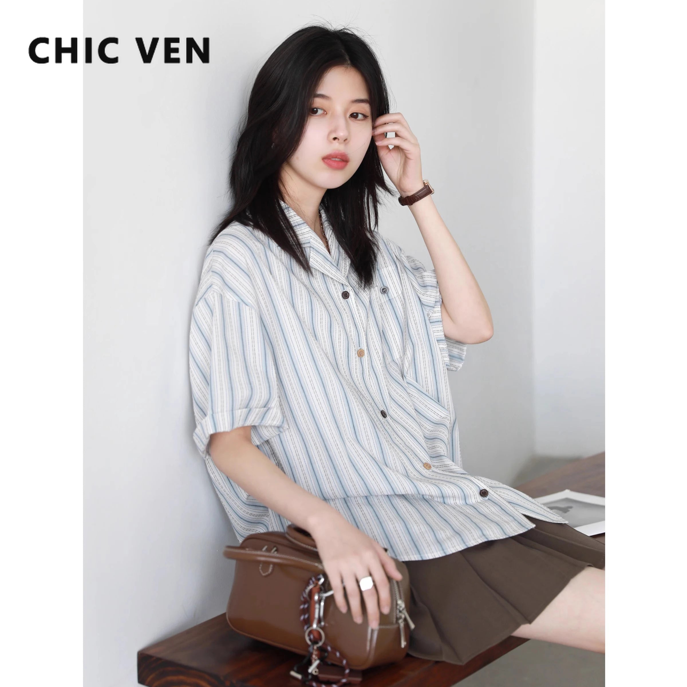 CHIC VEN Women Shirt Single Breasted Loose Casual Vertical Stripe Short Sleeve Blouses Cotton Female Coat Summer 2025