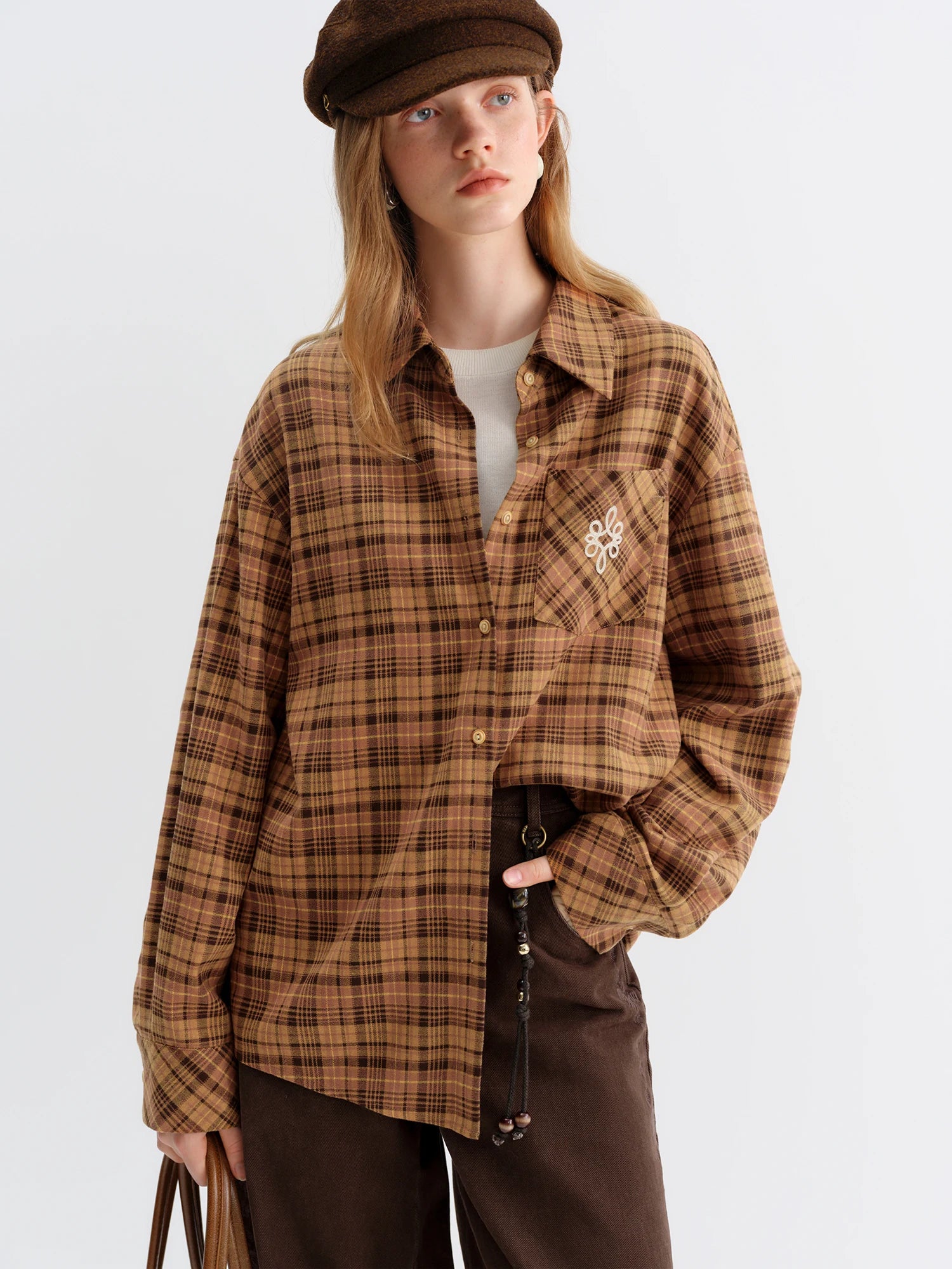 FSLE Brushed Plaid Shirt Women's Winter 2025 New Long Sleeve Plaid Retro Embroidery Shirt Classic Leisure Loose Tops