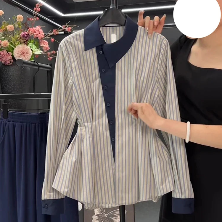 Temperament waist cinching slimming blue striped shirt spring 2025 new fat MM fashion contrasting long sleeved shirt