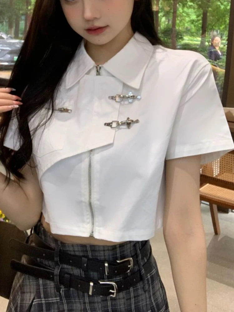 Shirts Women Retro Fashion Design Students Sweet Crop Daily Leisure Solid Simple All-match Turn-down Collar Summer Hotsweet Sexy