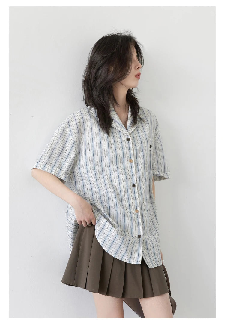 CHIC VEN Women Shirt Single Breasted Loose Casual Vertical Stripe Short Sleeve Blouses Cotton Female Coat Summer 2025