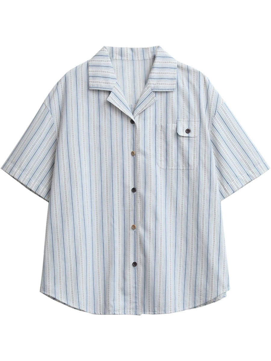 CHIC VEN Women Shirt Single Breasted Loose Casual Vertical Stripe Short Sleeve Blouses Cotton Female Coat Summer 2025