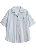 CHIC VEN Women Shirt Single Breasted Loose Casual Vertical Stripe Short Sleeve Blouses Cotton Female Coat Summer 2025