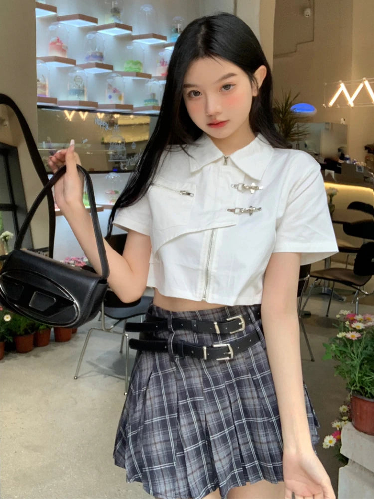 Shirts Women Retro Fashion Design Students Sweet Crop Daily Leisure Solid Simple All-match Turn-down Collar Summer Hotsweet Sexy