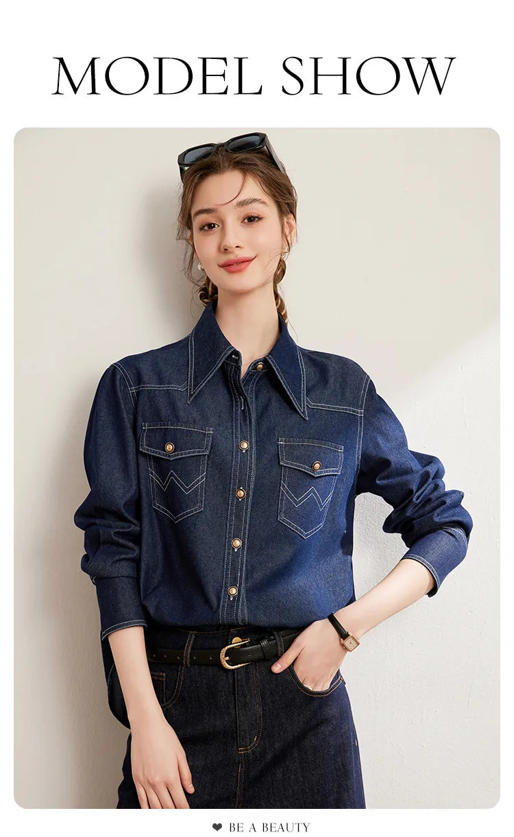 LOUIS YAO 2025 Spring Color Contrasting Bright Thread Denim Shirt Retro Collar Single breasted Long sleeved Women's Shirt