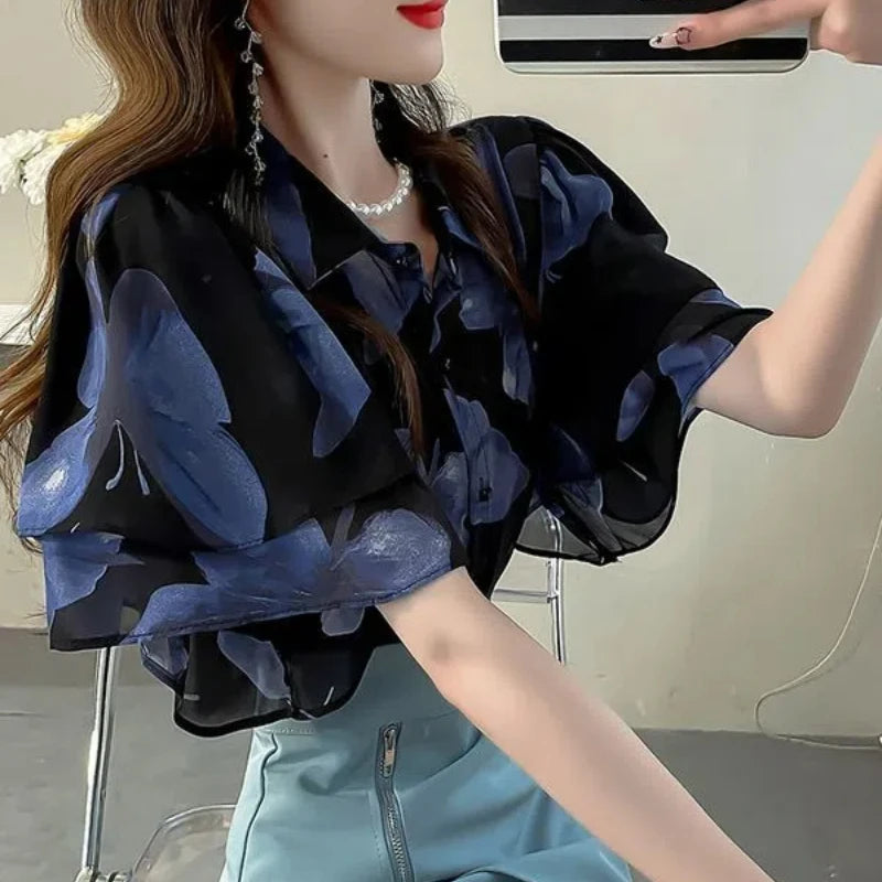 Chinese Style Summer Women's 2024 New Patchwork Polo Collar Button Printing Ruffles Fashion Loose Short Sleeved Blouses Shirts