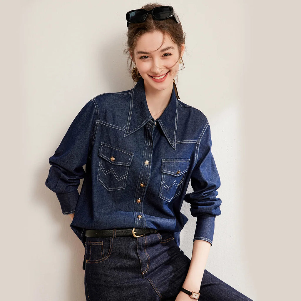 LOUIS YAO 2025 Spring Color Contrasting Bright Thread Denim Shirt Retro Collar Single breasted Long sleeved Women's Shirt