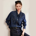 LOUIS YAO 2025 Spring Color Contrasting Bright Thread Denim Shirt Retro Collar Single breasted Long sleeved Women's Shirt