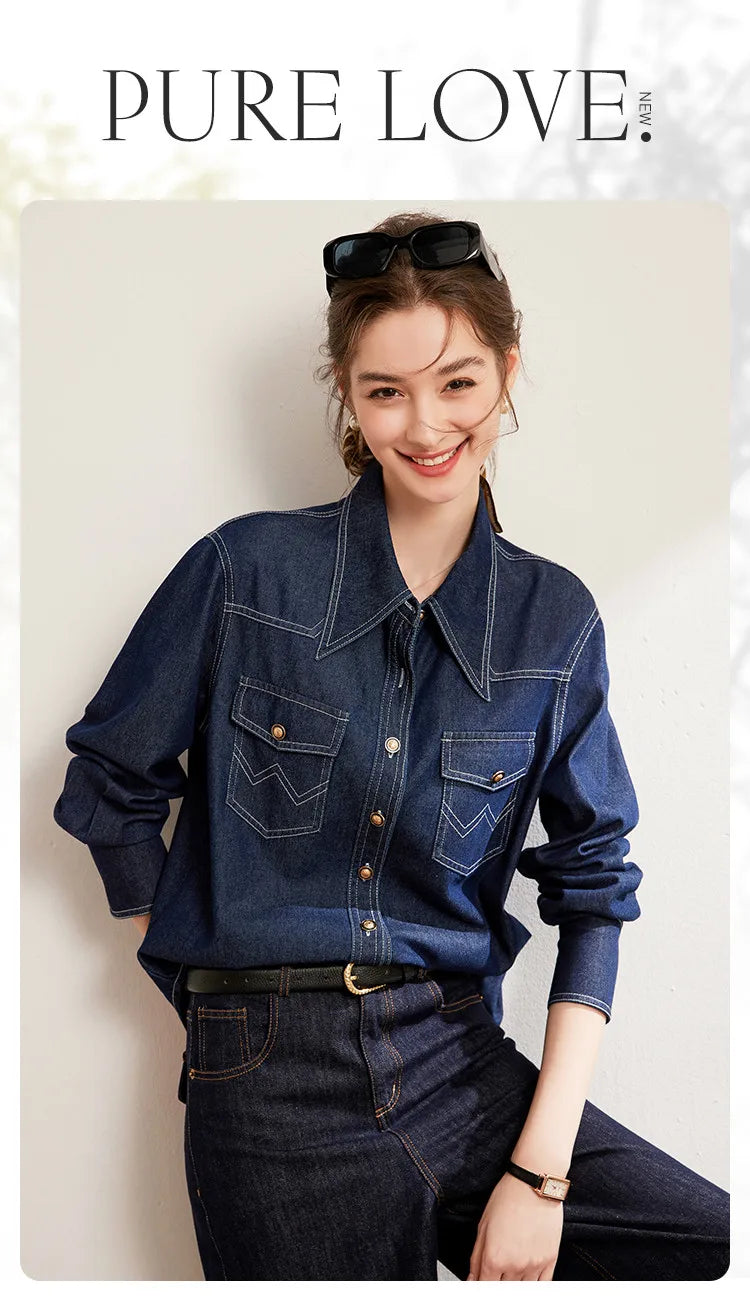 LOUIS YAO 2025 Spring Color Contrasting Bright Thread Denim Shirt Retro Collar Single breasted Long sleeved Women's Shirt