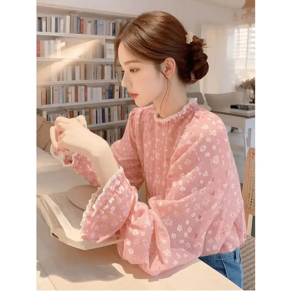 Luxury Floral French Chiffon Blouse Women Long Sleeve Fashion Elegant