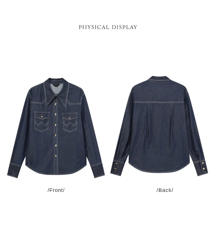 LOUIS YAO 2025 Spring Color Contrasting Bright Thread Denim Shirt Retro Collar Single breasted Long sleeved Women's Shirt