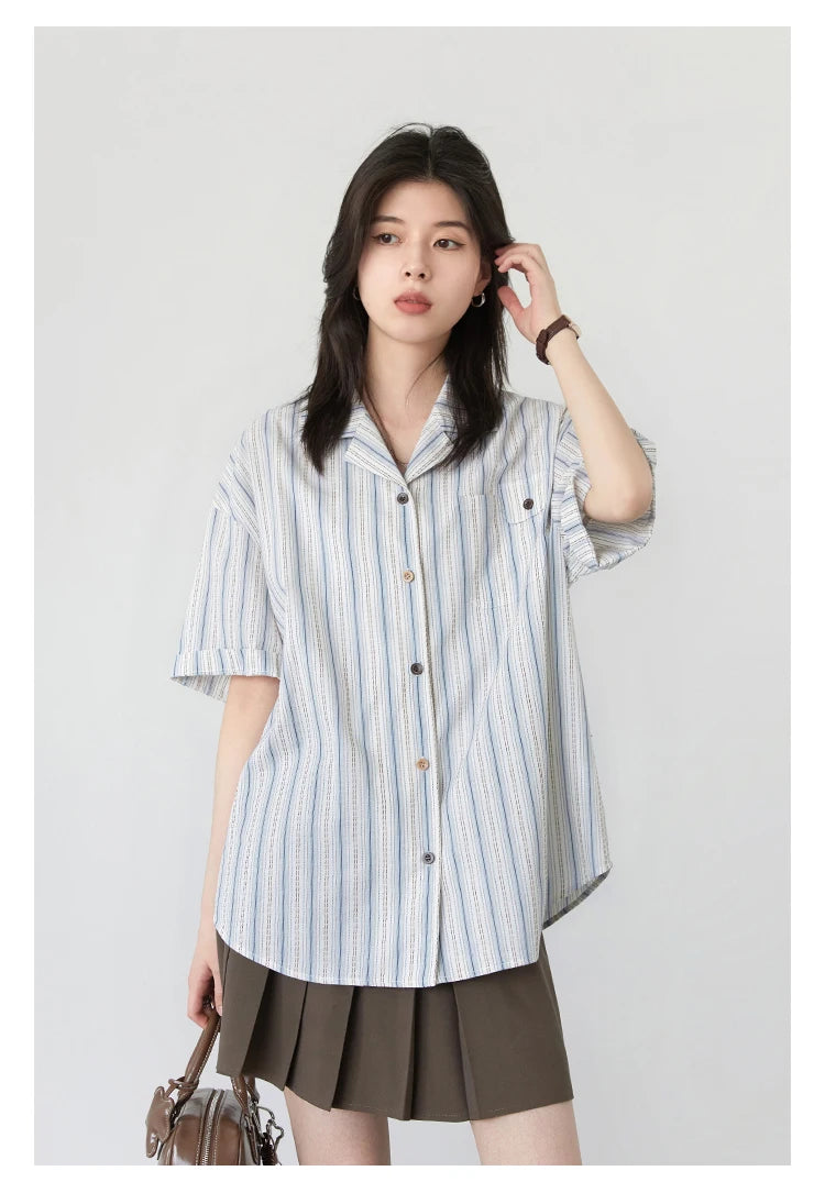 CHIC VEN Women Shirt Single Breasted Loose Casual Vertical Stripe Short Sleeve Blouses Cotton Female Coat Summer 2025