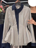 Temperament waist cinching slimming blue striped shirt spring 2025 new fat MM fashion contrasting long sleeved shirt