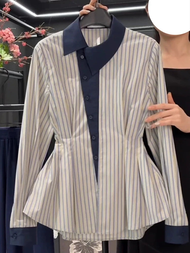 Temperament waist cinching slimming blue striped shirt spring 2025 new fat MM fashion contrasting long sleeved shirt