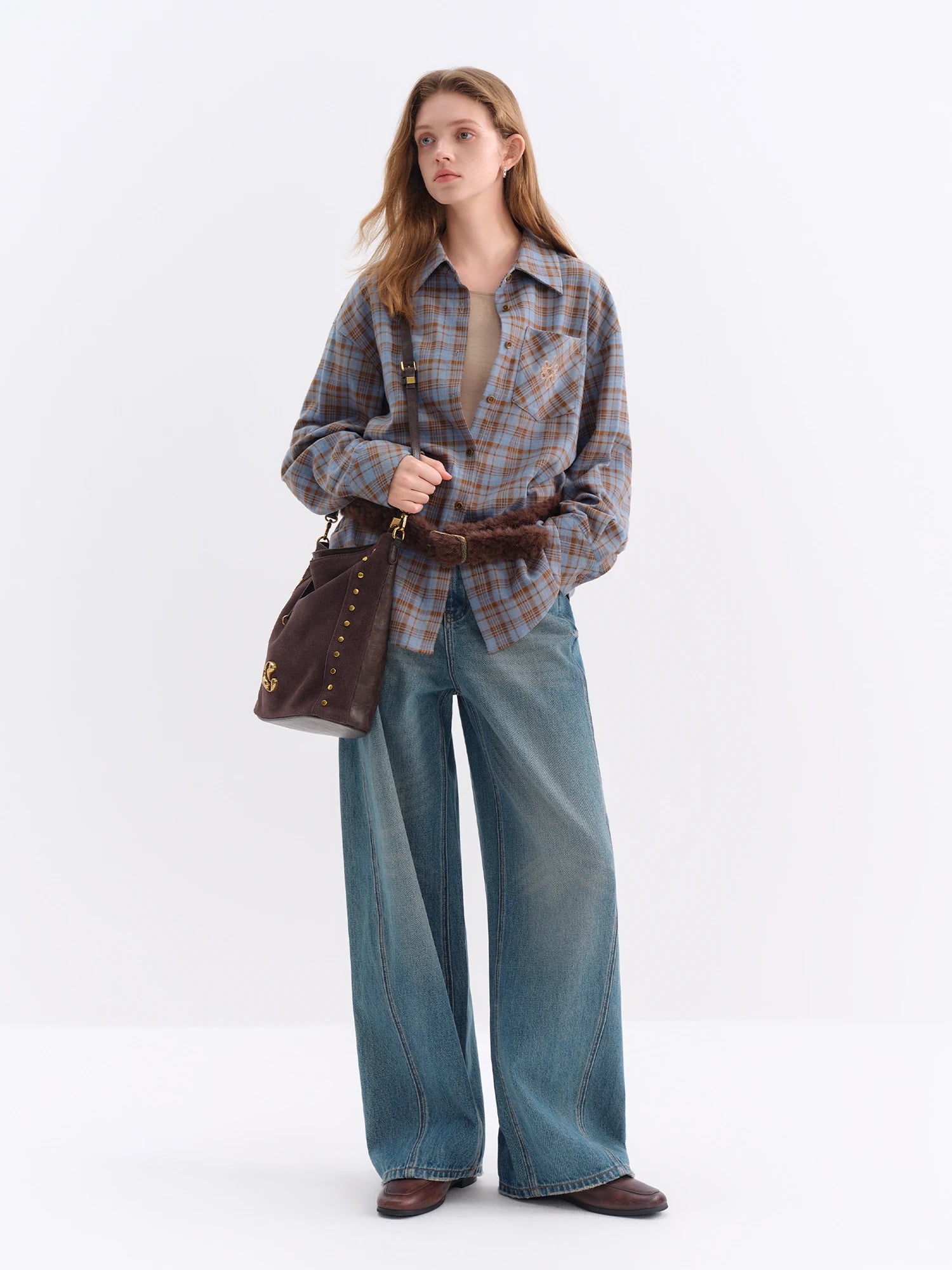 FSLE Brushed Plaid Shirt Women's Winter 2025 New Long Sleeve Plaid Retro Embroidery Shirt Classic Leisure Loose Tops
