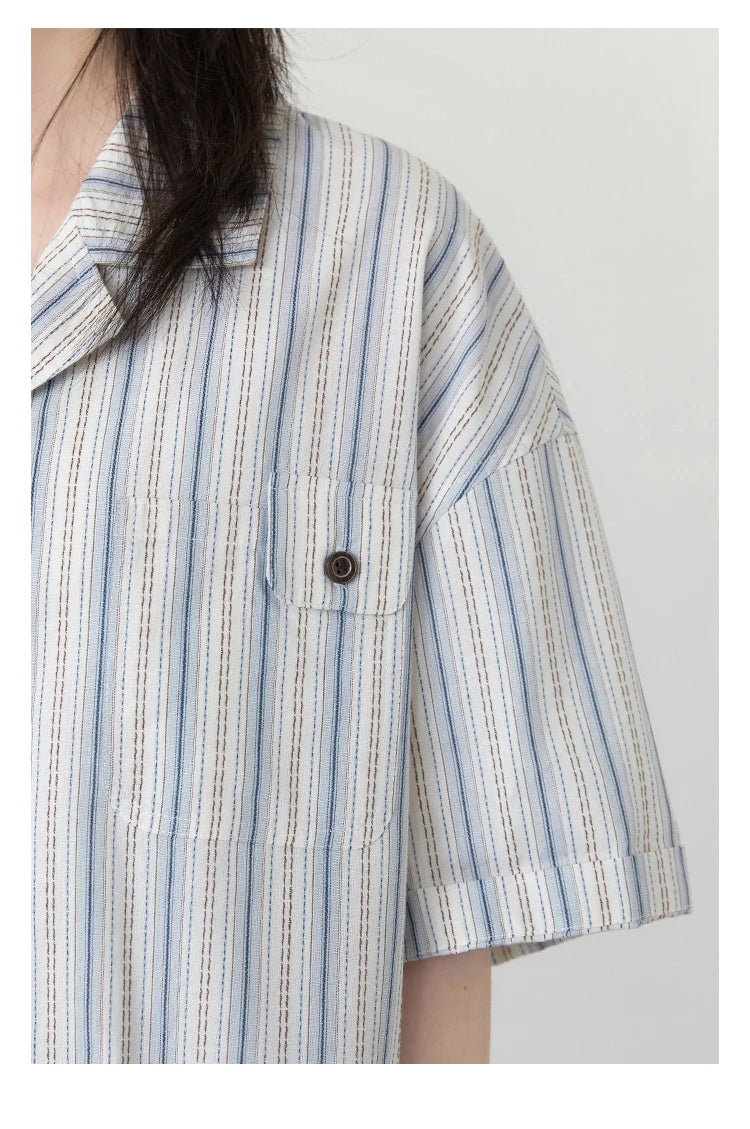 CHIC VEN Women Shirt Single Breasted Loose Casual Vertical Stripe Short Sleeve Blouses Cotton Female Coat Summer 2025