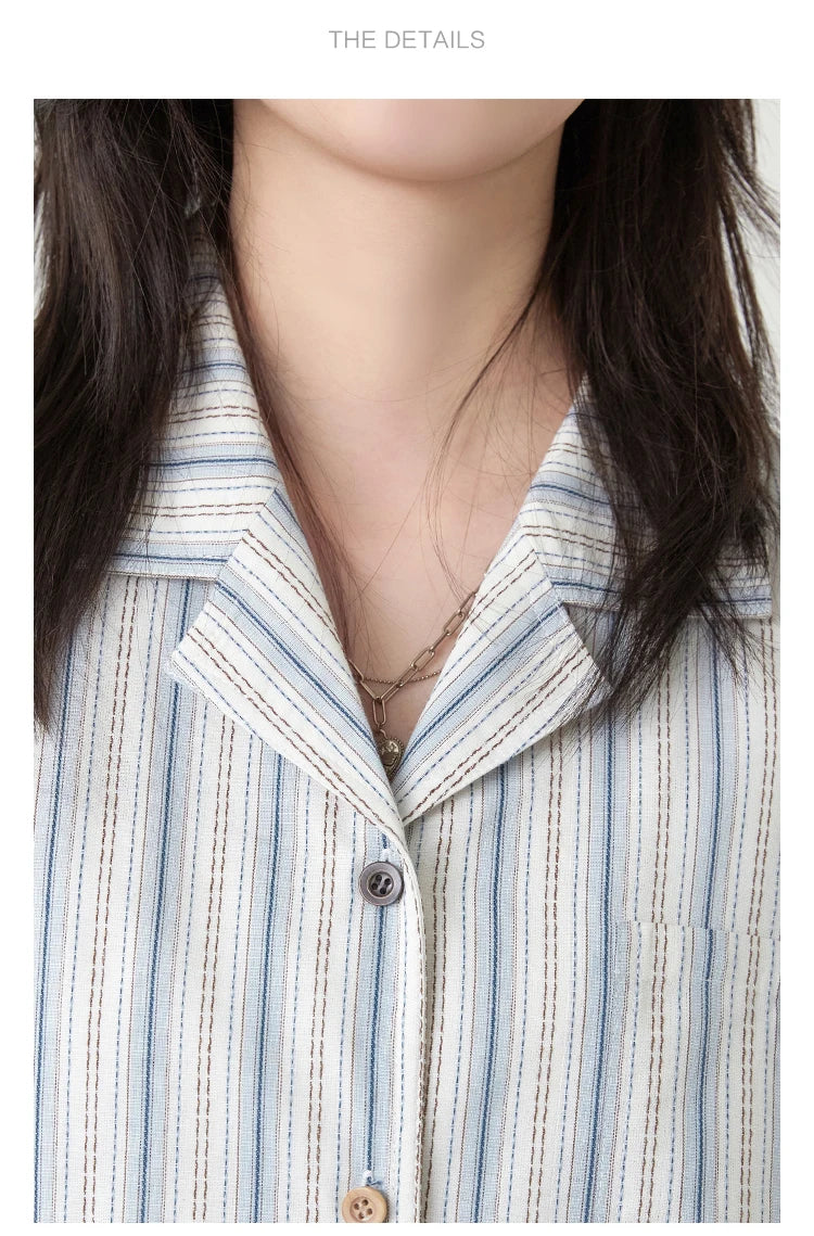 CHIC VEN Women Shirt Single Breasted Loose Casual Vertical Stripe Short Sleeve Blouses Cotton Female Coat Summer 2025