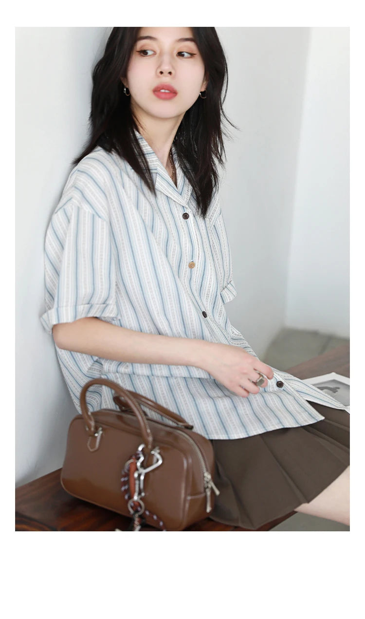 CHIC VEN Women Shirt Single Breasted Loose Casual Vertical Stripe Short Sleeve Blouses Cotton Female Coat Summer 2025