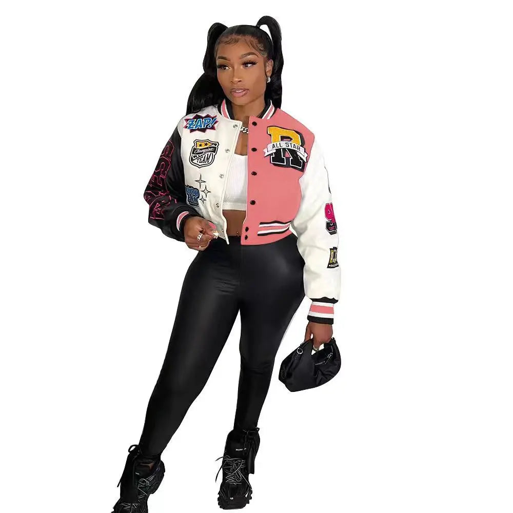 Winter Fall Jacket For Women Coat Trend O Neck Buttons Cropped Top Jacket Patchwork Baggy Blue Female Outerwear varsity jacket