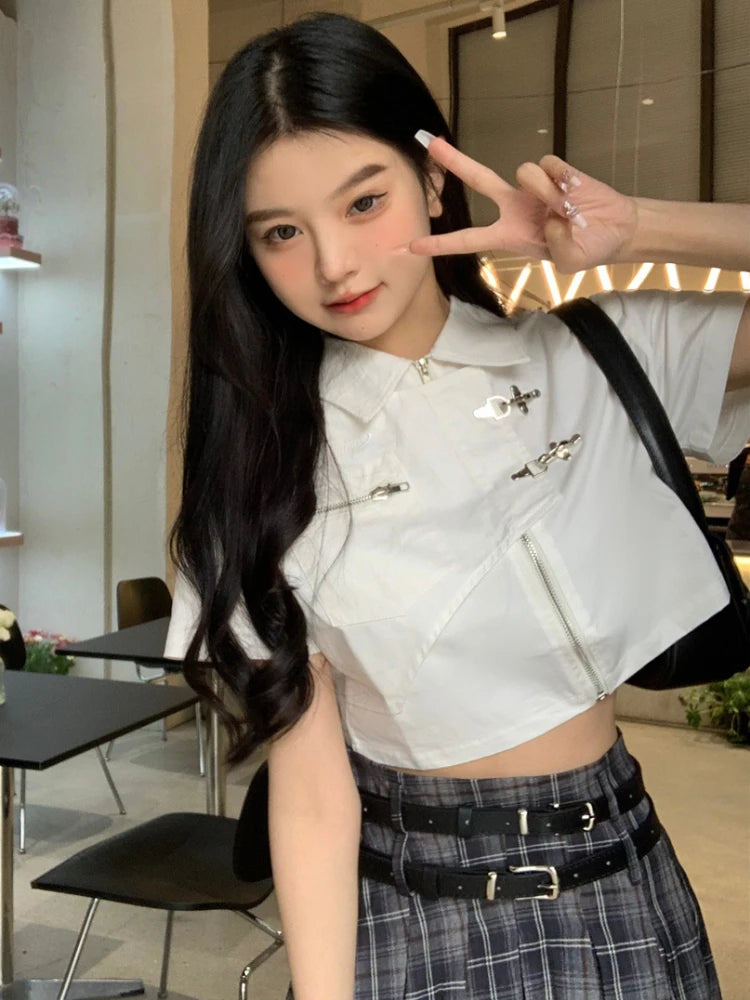Shirts Women Retro Fashion Design Students Sweet Crop Daily Leisure Solid Simple All-match Turn-down Collar Summer Hotsweet Sexy