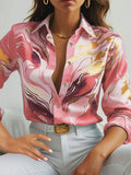 Spring and autumn women's long-sleeved shirt, marble print, front button top, elegant temperament style design, suitable for wor