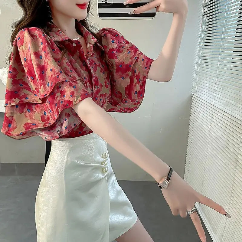 Chinese Style Summer Women's 2024 New Patchwork Polo Collar Button Printing Ruffles Fashion Loose Short Sleeved Blouses Shirts