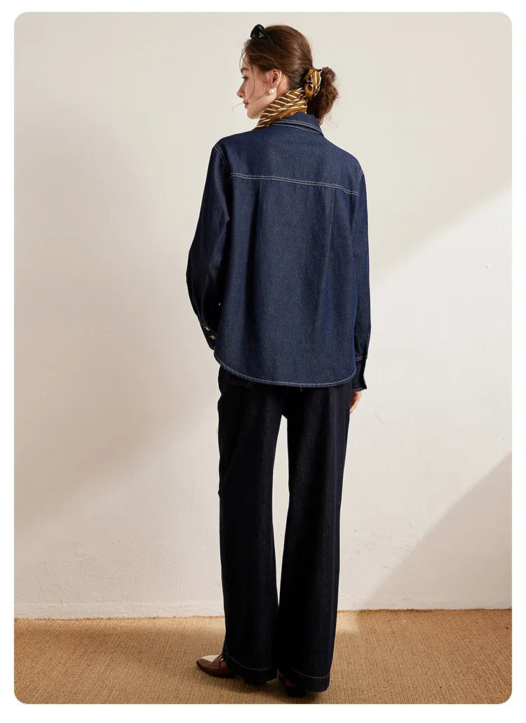 LOUIS YAO 2025 Spring Color Contrasting Bright Thread Denim Shirt Retro Collar Single breasted Long sleeved Women's Shirt
