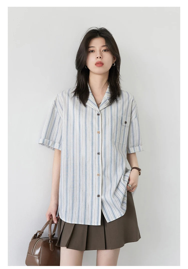 CHIC VEN Women Shirt Single Breasted Loose Casual Vertical Stripe Short Sleeve Blouses Cotton Female Coat Summer 2025