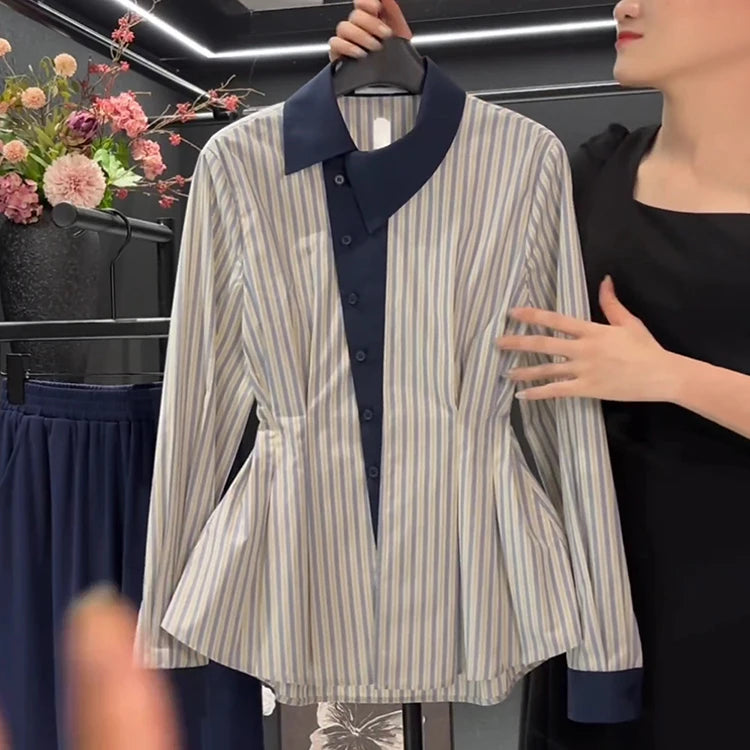 Temperament waist cinching slimming blue striped shirt spring 2025 new fat MM fashion contrasting long sleeved shirt