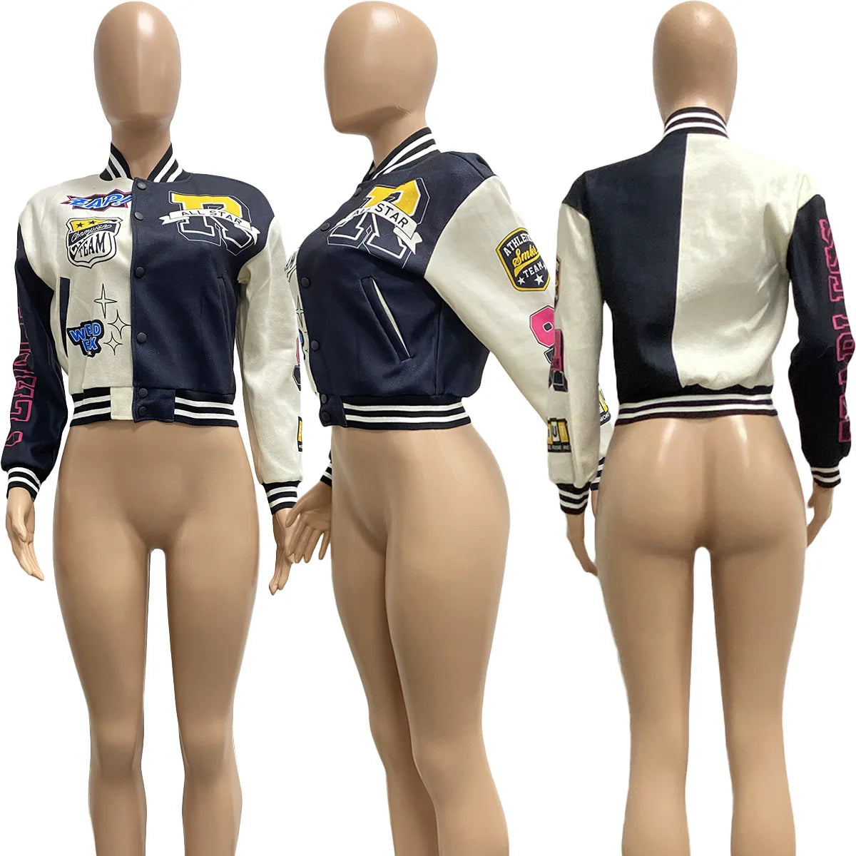 Winter Fall Jacket For Women Coat Trend O Neck Buttons Cropped Top Jacket Patchwork Baggy Blue Female Outerwear varsity jacket
