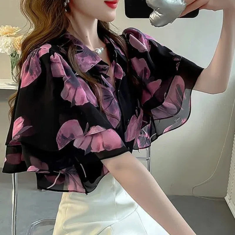 Chinese Style Summer Women's 2024 New Patchwork Polo Collar Button Printing Ruffles Fashion Loose Short Sleeved Blouses Shirts