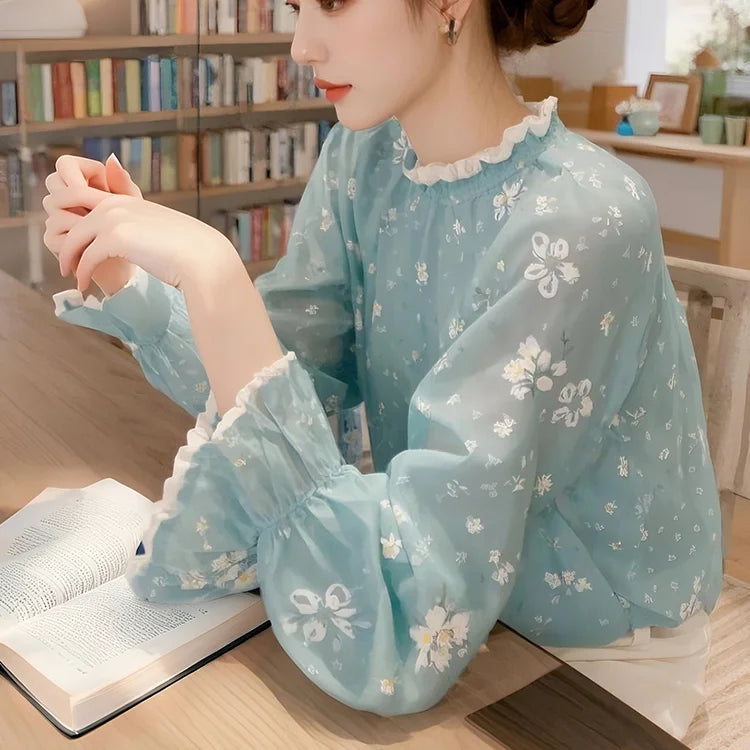 Luxury Floral French Chiffon Blouse Women Long Sleeve Fashion Elegant