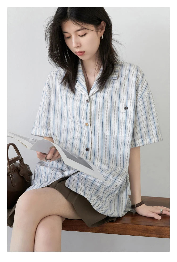 CHIC VEN Women Shirt Single Breasted Loose Casual Vertical Stripe Short Sleeve Blouses Cotton Female Coat Summer 2025