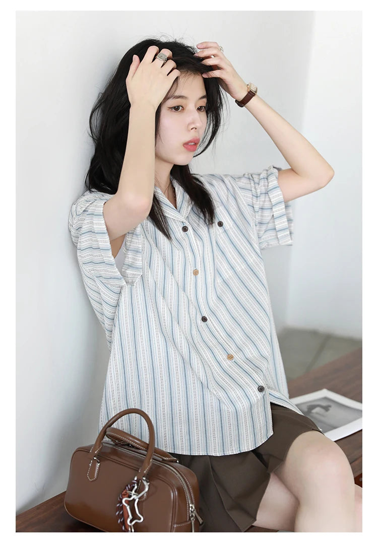 CHIC VEN Women Shirt Single Breasted Loose Casual Vertical Stripe Short Sleeve Blouses Cotton Female Coat Summer 2025