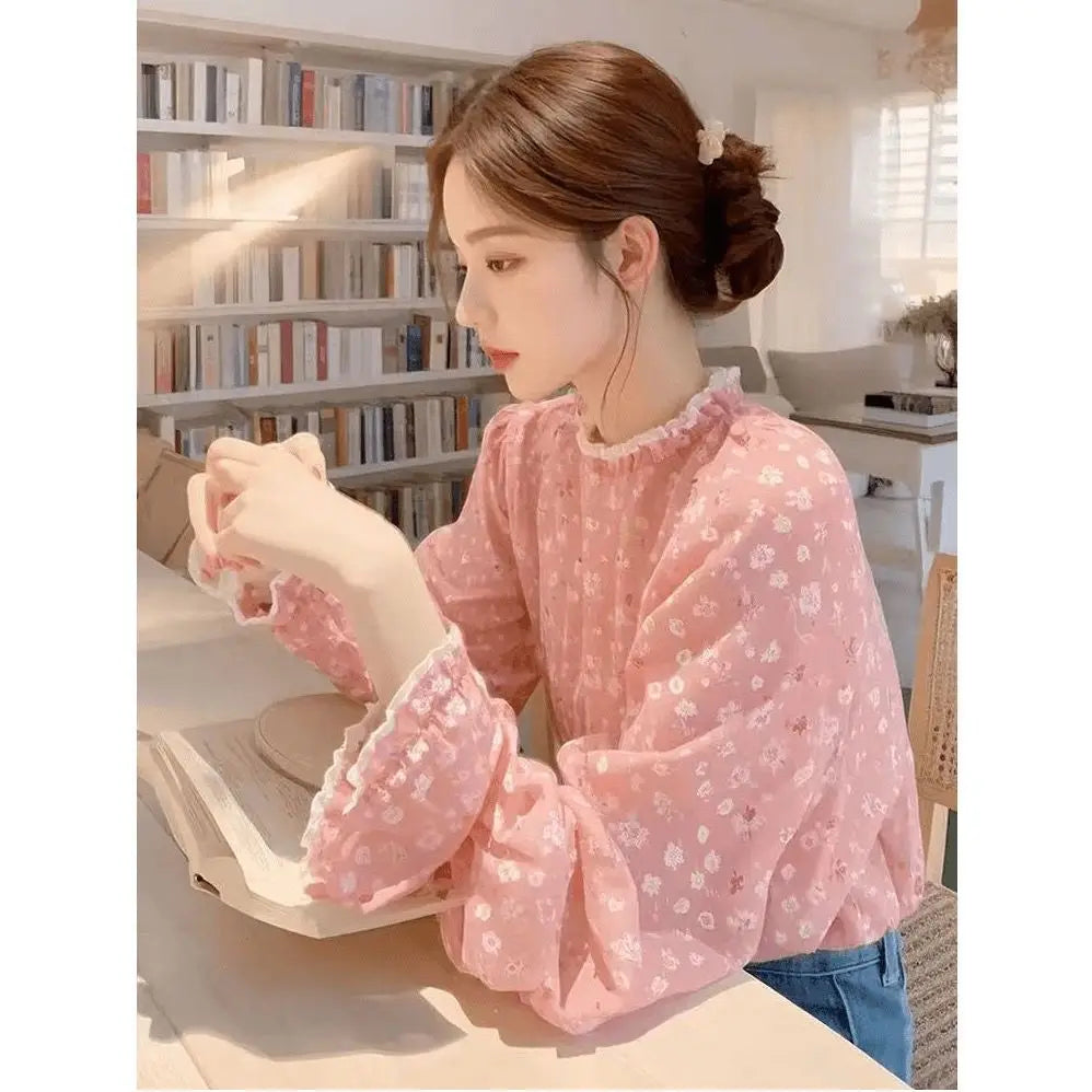 Luxury Floral French Chiffon Blouse Women Long Sleeve Fashion Elegant