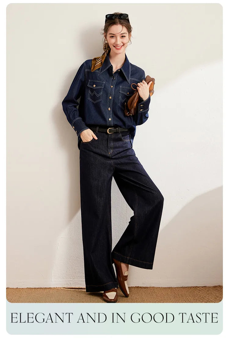 LOUIS YAO 2025 Spring Color Contrasting Bright Thread Denim Shirt Retro Collar Single breasted Long sleeved Women's Shirt