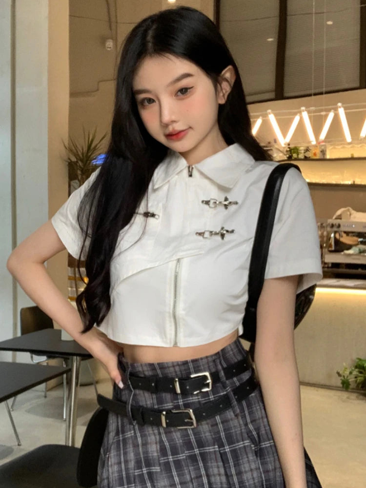 Shirts Women Retro Fashion Design Students Sweet Crop Daily Leisure Solid Simple All-match Turn-down Collar Summer Hotsweet Sexy