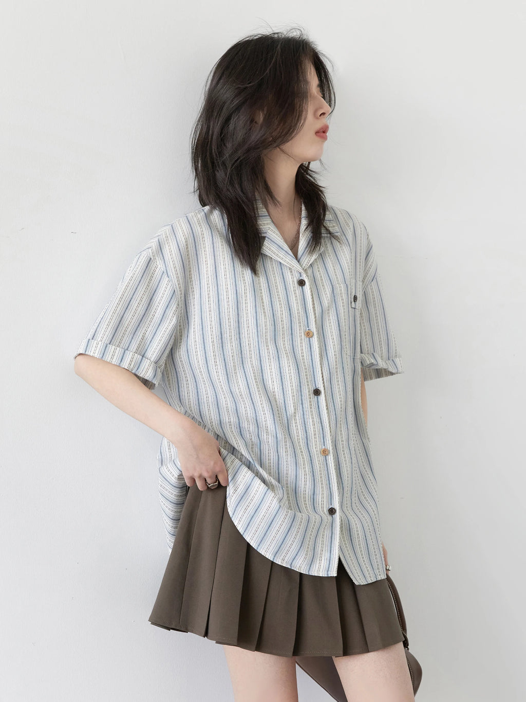 CHIC VEN Women Shirt Single Breasted Loose Casual Vertical Stripe Short Sleeve Blouses Cotton Female Coat Summer 2025
