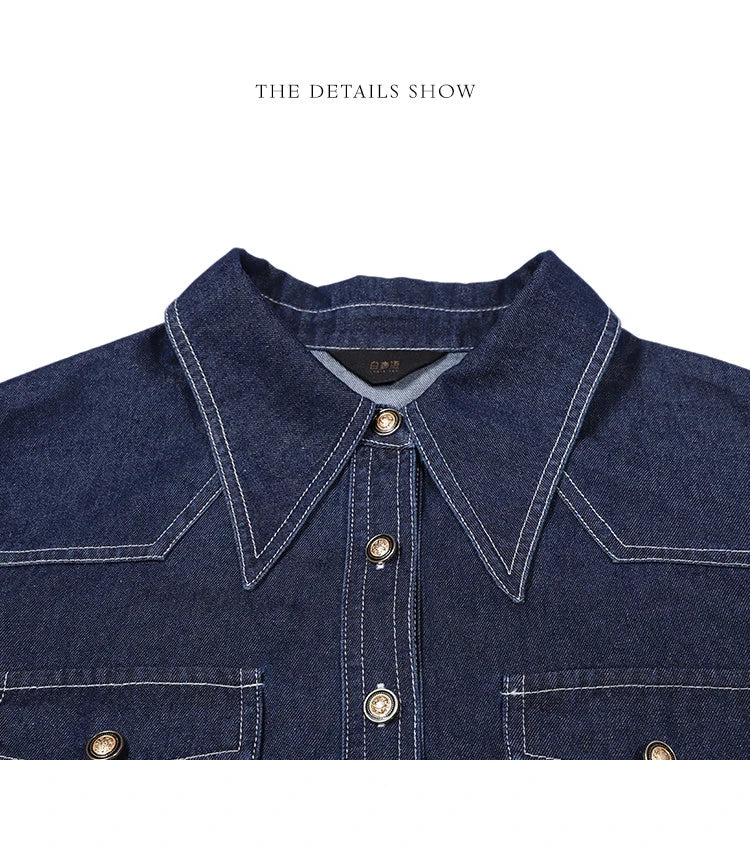 LOUIS YAO 2025 Spring Color Contrasting Bright Thread Denim Shirt Retro Collar Single breasted Long sleeved Women's Shirt