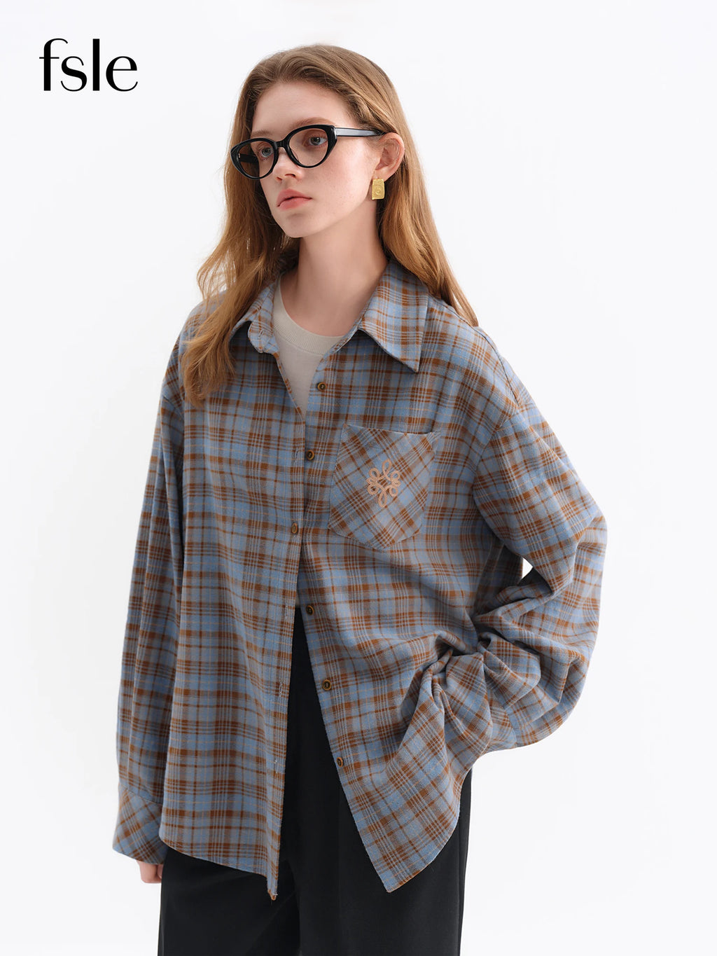 FSLE Brushed Plaid Shirt Women's Winter 2025 New Long Sleeve Plaid Retro Embroidery Shirt Classic Leisure Loose Tops