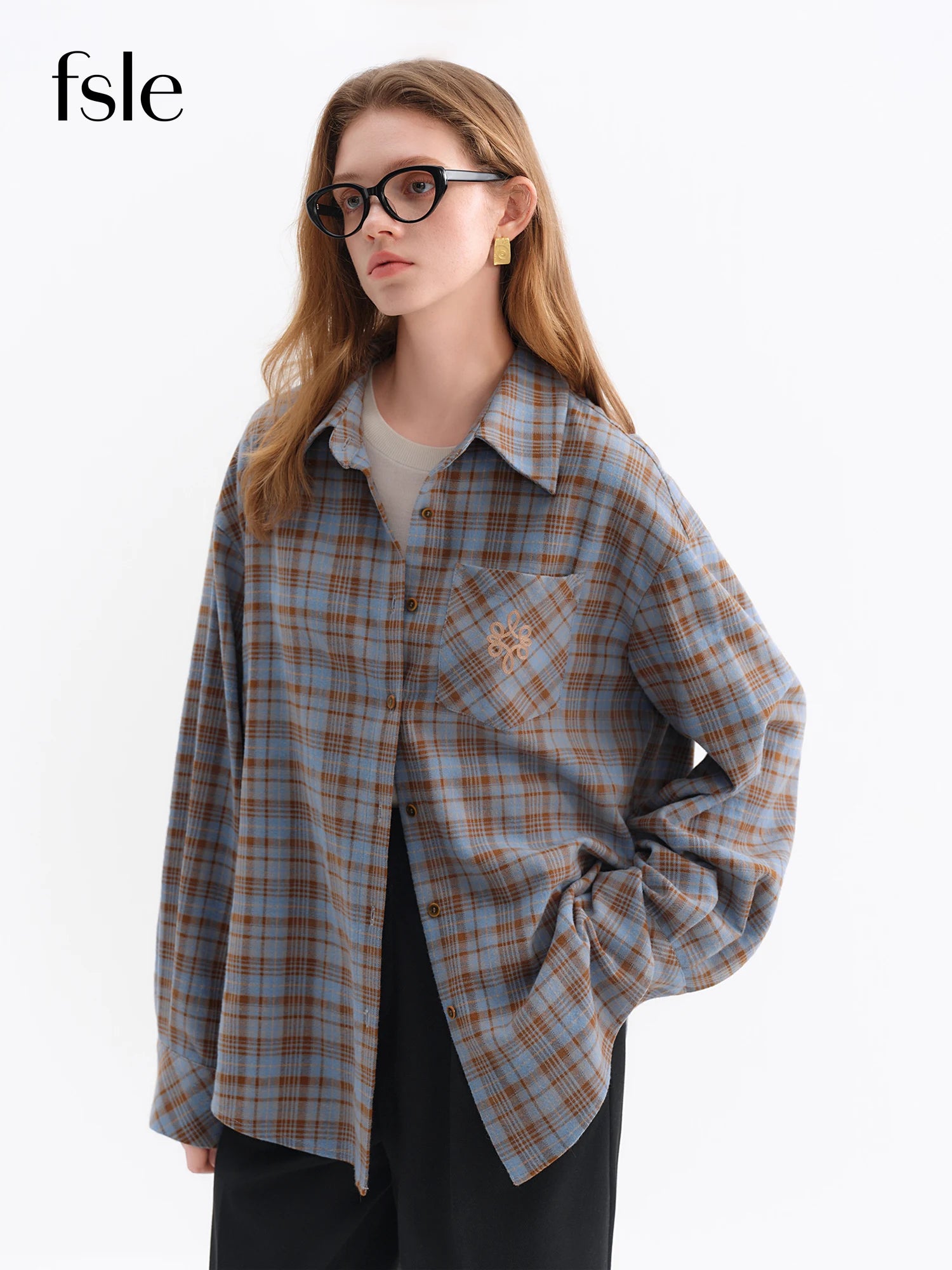 FSLE Brushed Plaid Shirt Women's Winter 2025 New Long Sleeve Plaid Retro Embroidery Shirt Classic Leisure Loose Tops