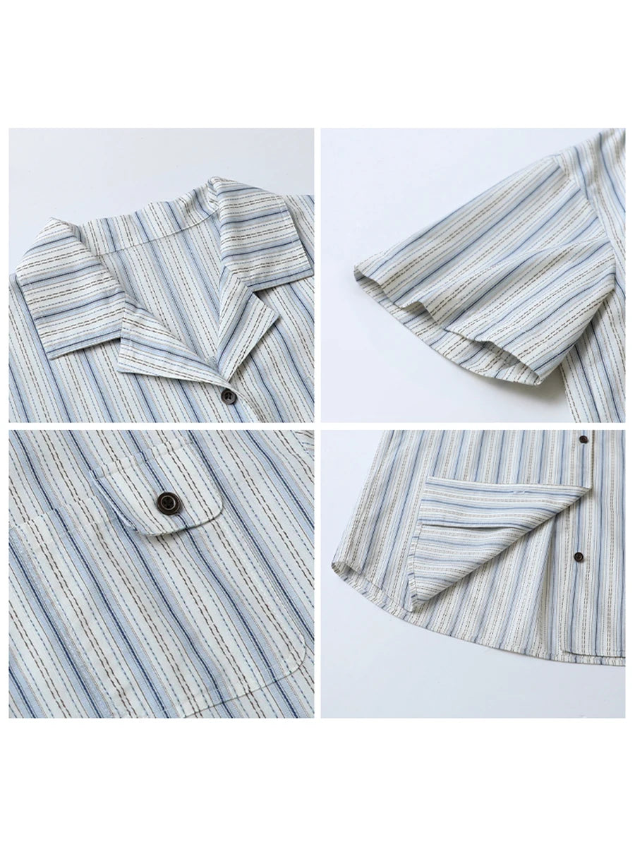 CHIC VEN Women Shirt Single Breasted Loose Casual Vertical Stripe Short Sleeve Blouses Cotton Female Coat Summer 2025