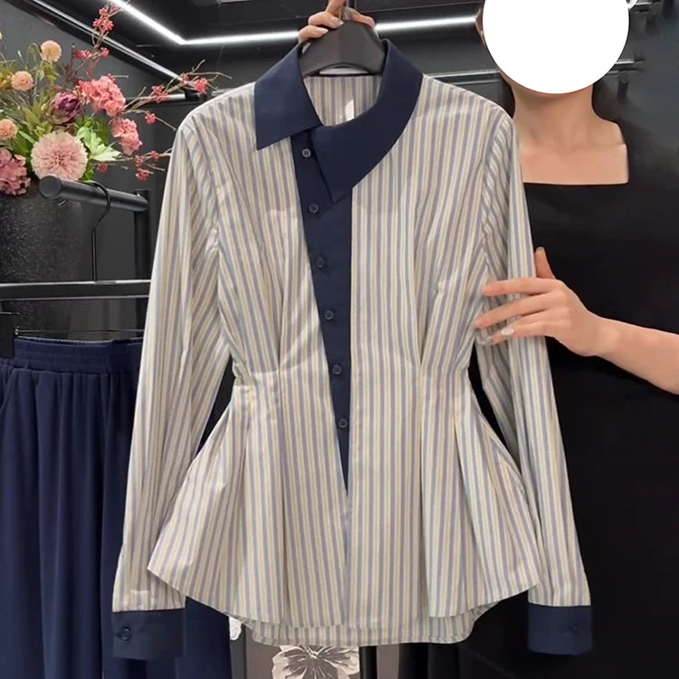 Temperament waist cinching slimming blue striped shirt spring 2025 new fat MM fashion contrasting long sleeved shirt
