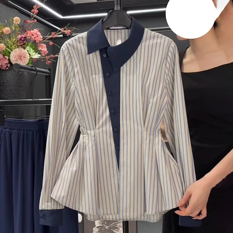 Temperament waist cinching slimming blue striped shirt spring 2025 new fat MM fashion contrasting long sleeved shirt