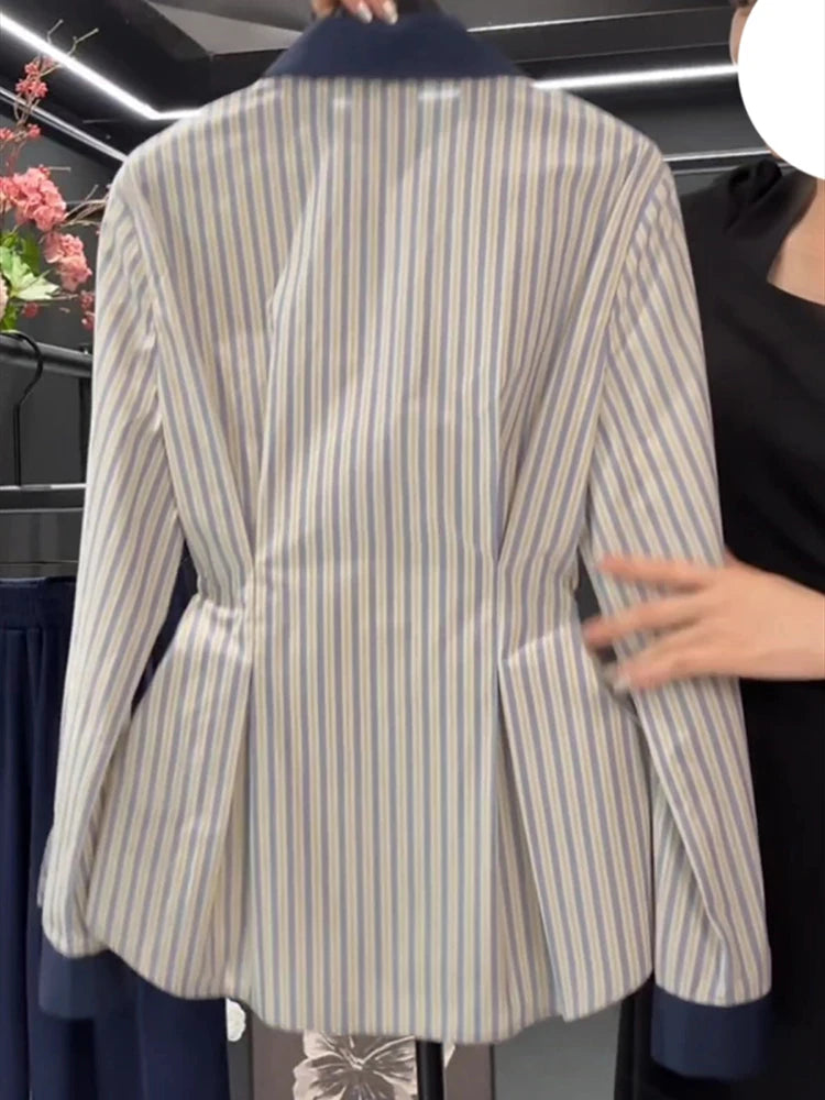 Temperament waist cinching slimming blue striped shirt spring 2025 new fat MM fashion contrasting long sleeved shirt