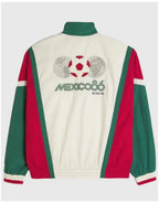 Vintage-style jacket with soccer ball and 'Mexico 86' text on a white background