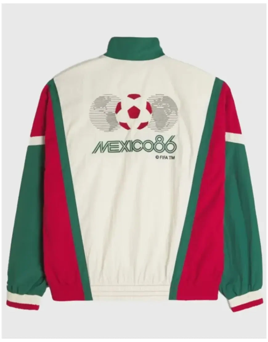 Vintage-style jacket with soccer ball and 'Mexico 86' text on a white background